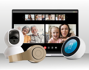 A tablet, security camera, thermostat, & headphones all protected by the Total Care Protection service.