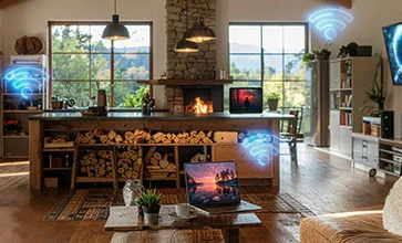 Home interior with WiFi signal coverage extending throughout all rooms