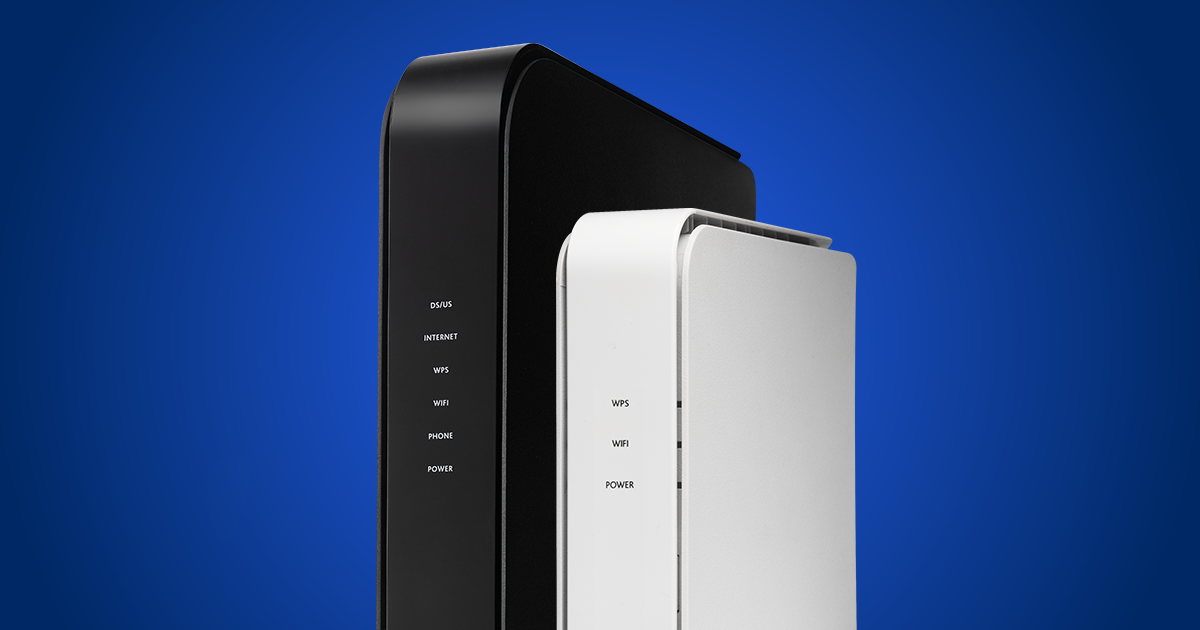 Two wireless router modems side by side, a DOCSIS cable modem router and a white wireless router. Optimum provides routers for Internet plan.